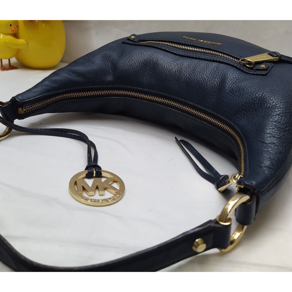 Michael Kors Rhea Blue Pebbled Leather Zipper Pocket Hobo Shoulder Bag - Picture 3 of 16
